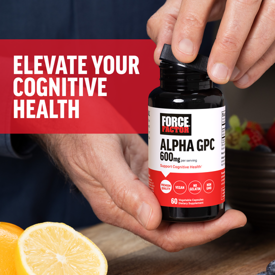 Hands holding Force Factor Alpha GPC 600mg bottle with text elevate your cognitive health