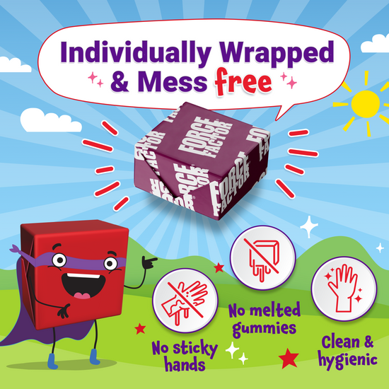 Individually wrapped supplement package with a cartoon character promoting cleanliness and convenience.