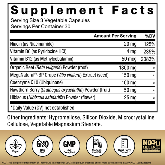 Supplement facts for Total Beets Ultimate Heart Health showing beetroot, CoQ10, and key vitamins.