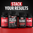 Stack Your Results lineup featuring Horny Goat Weed Max, Test X180 Alpha, Nitric Oxide Booster, and Score Hardcore.