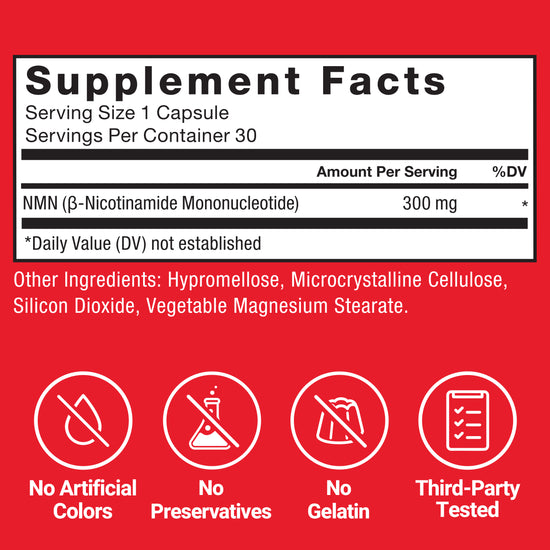 NMN 300mg supplement facts panel with clean-label icons for no artificial colors, no preservatives, no gelatin.
