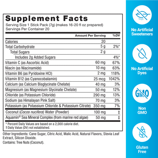 Supplement facts for a dietary supplement, detailing calories, ingredients, and health claims related to safety and quality.