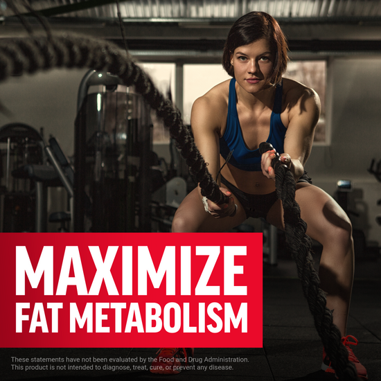 Woman in gym using battle ropes with bold red text stating “Maximize Fat Metabolism” across lower portion of image.