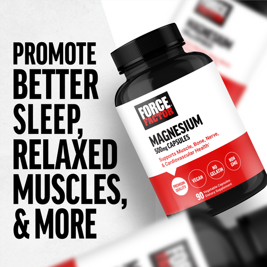 Magnesium supplement bottle labeled for better sleep and relaxed muscles.