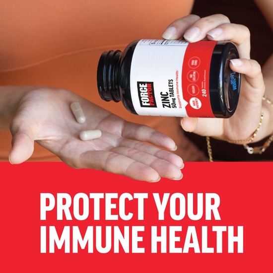 Hand pouring Zinc tablets from a Force Factor bottle with caption "Protect Your Immune Health."
