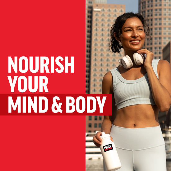 Woman in athletic wear holding headphones and a water bottle, smiling against a city skyline, with "Nourish Your Mind & Body" text.