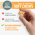 Hand holding individually wrapped Liver Detox+ soft chew beside text contrasting easy chews with tablets and liquids.