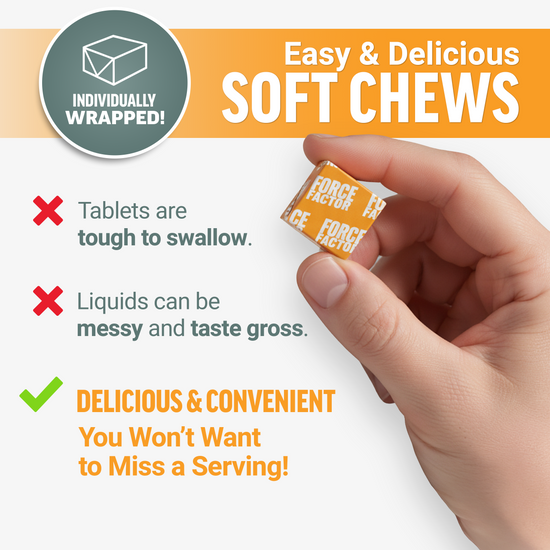 Hand holding individually wrapped Liver Detox+ soft chew beside text contrasting easy chews with tablets and liquids.