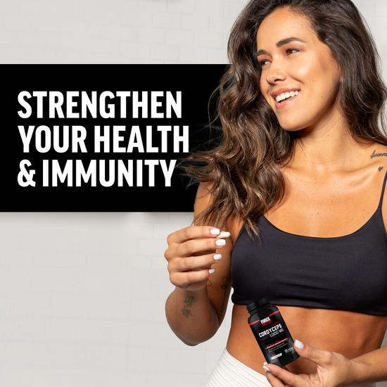 Woman in a black top smiling while holding a supplement bottle, with text promoting health and immunity.