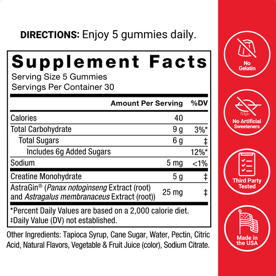 Supplement facts of gummies, detailing 5g creatine per serving, with no gelatin, artificial sweeteners, or preservatives.