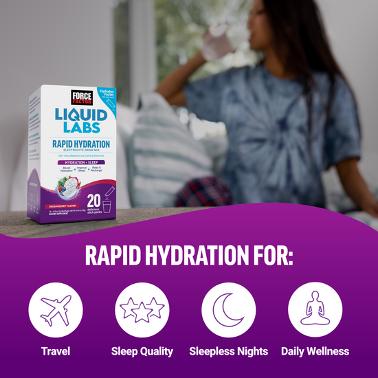Rapid hydration product with benefits for travel, sleep quality, and overall wellness; woman enjoying drink in background.