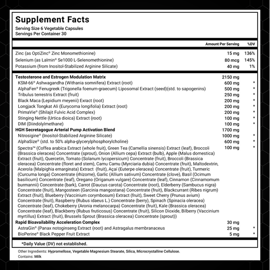 Supplement facts label for Alpha King Immortal, listing ingredients for testosterone, estrogen modulation, and HGH activation.