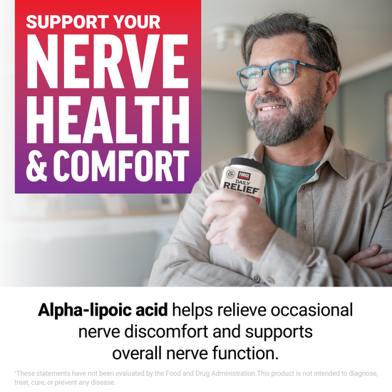Man smiling while holding Daily Relief Nerve, supports nerve health and comfort with alpha-lipoic acid.