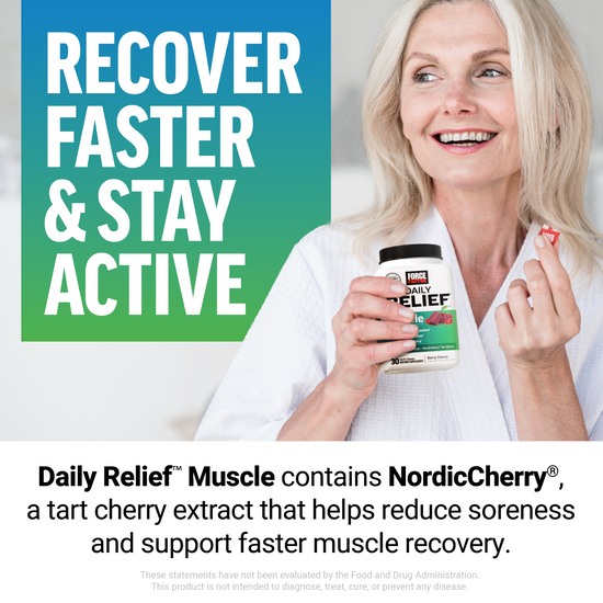 Smiling woman holding Daily Relief Muscle soft chew and bottle, supporting faster recovery.