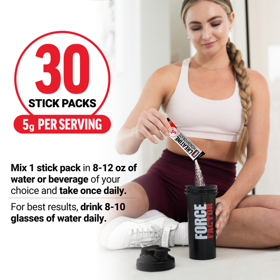 Woman sitting on floor pouring creatine stick into shaker, graphic calling out 30 stick packs and daily mixing directions.