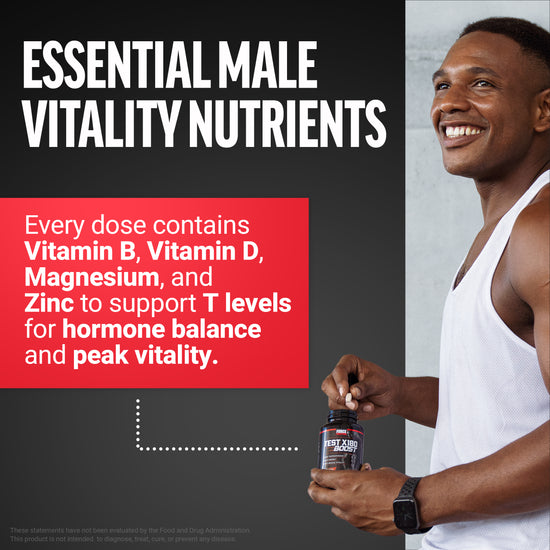 Essential male vitality nutrients graphic with man holding Test X180 Boost bottle and vitamin list.