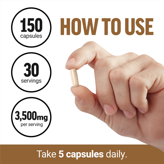 Close-up of hand holding capsule, showing 150 capsules per bottle, 30 servings, 3500mg per serving.