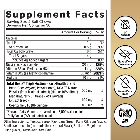 Supplement Facts Panel and Nutrition Information of Force Factor Total Beets Blood Pressure Supplement