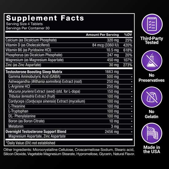 Supplement facts panel for Force Factor Test X with testosterone boosting sleep matrix, third-party tested, made in the USA