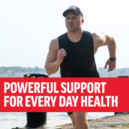 Man running by the water, promoting powerful support for everyday health.