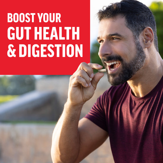 Man taking a supplement outdoors, with text promoting gut health and digestion.