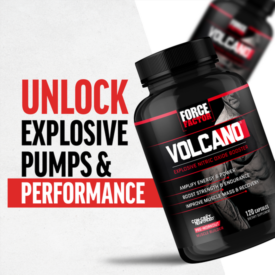 Volcano supplement bottle with text promoting explosive pumps and performance.