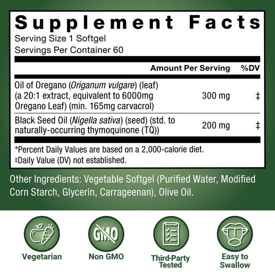 Supplement facts panel for Force Factor Oil of Oregano softgels, vegetarian, non-GMO, third-party tested