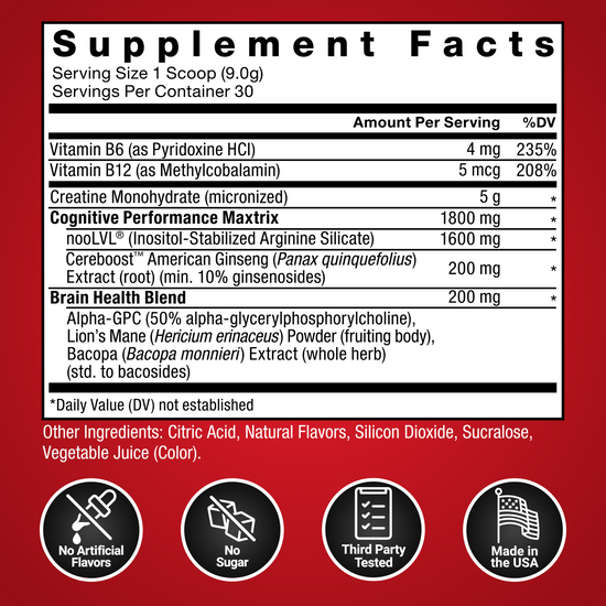 Supplement facts panel for Force Factor Creatine Brain+Body with 5g micronized creatine, nooLVL, Cereboost ginseng, Alpha-GPC, Lion's Mane, and Bacopa