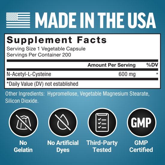 Supplement facts panel for Force Factor NAC, showing 600mg of N-Acetyl-L-Cysteine per serving, made in the USA with no artificial dyes.