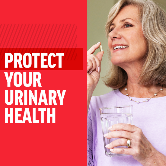 Smiling older woman holding a capsule and glass of water with text protect your urinary health