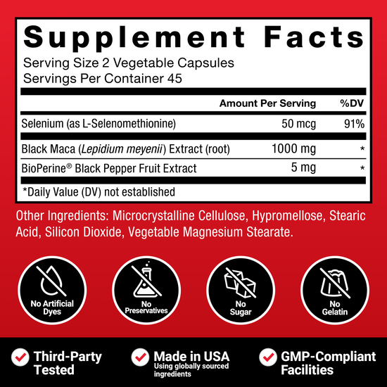 Supplement Facts panel showing Black Maca, BioPerine, and selenium with icons for no dyes, sugar, or gelatin.