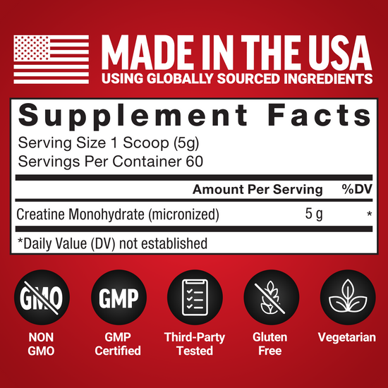 Supplement facts showing creatine monohydrate content and icons for non-GMO, GMP certified, gluten-free, and vegetarian.