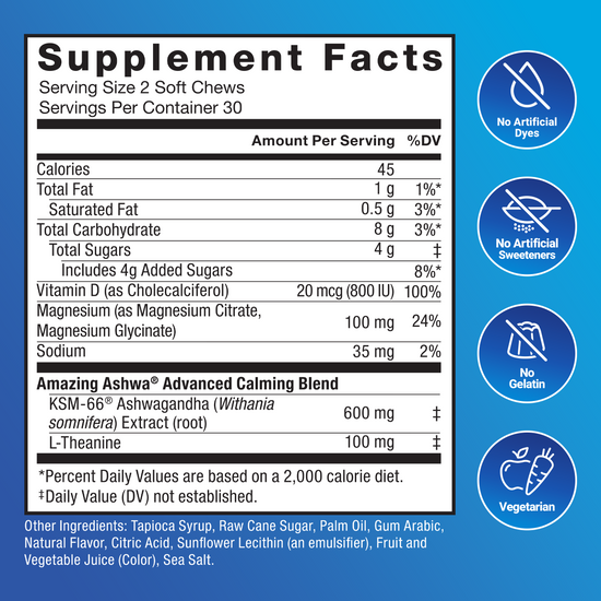 Supplement facts panel for Amazing Ashwa with icons showing no dyes, sweeteners, or gelatin, and vegetarian.