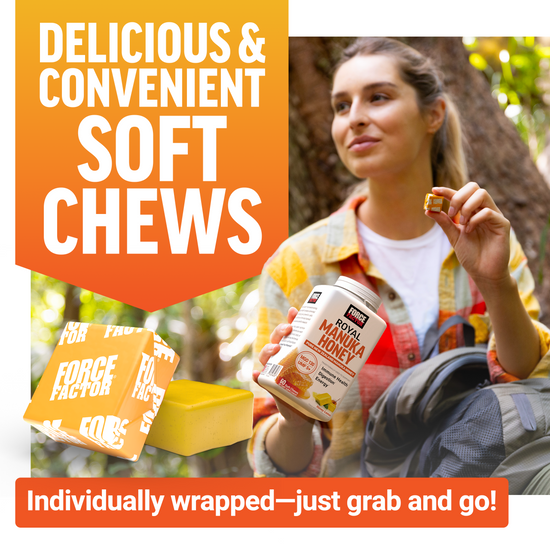 Woman holding Royal Manuka Honey bottle and soft chew with individually wrapped yellow chews in foreground