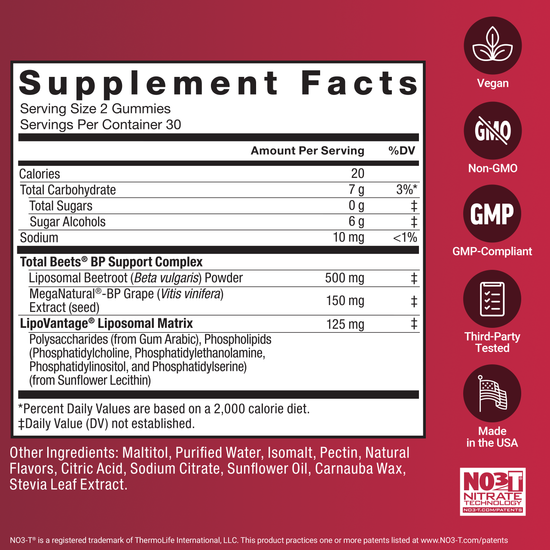 Supplement facts label showing Total Beets® ingredients including 500mg beetroot and 150mg grapeseed extract.