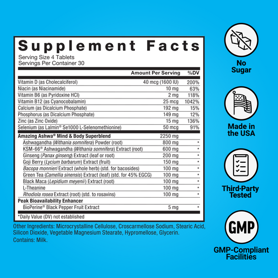 Supplement facts panel for Amazing Ashwa with vitamins, minerals, herbal blend, and bioavailability enhancer.
