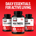 Force Factor Acetyl L-Carnitine, Milk Thistle, and Caffeine bottles with text daily essentials for active living