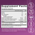 Supplement facts panel listing vitamins, biotin, and Lustriva®, with non-GMO, gluten-free, and no artificial ingredients icons.