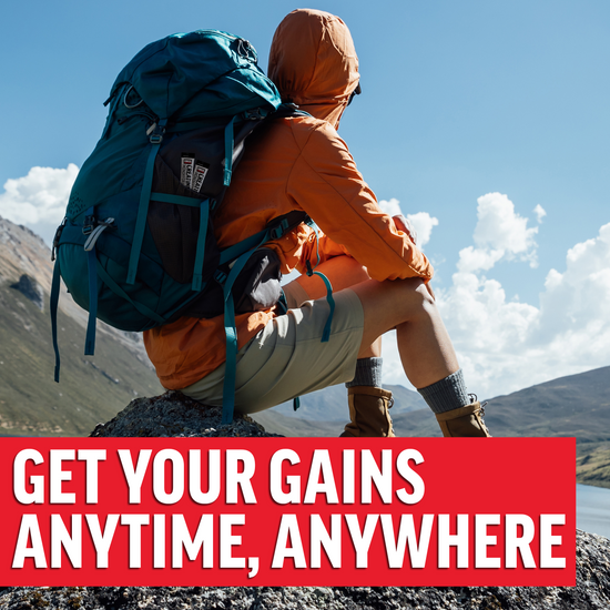 Hiker resting on mountain with backpack holding creatine sticks, bold text reading get your gains anytime, anywhere.