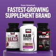 Total Beets, Hair Growth Accelerator, and VolcaNO bottles on purple background