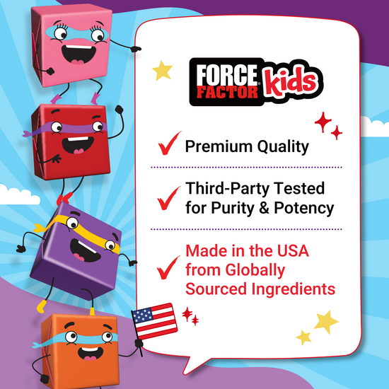Colorful cartoon blocks promoting Force Factor Kids' supplements with quality and testing highlights.
