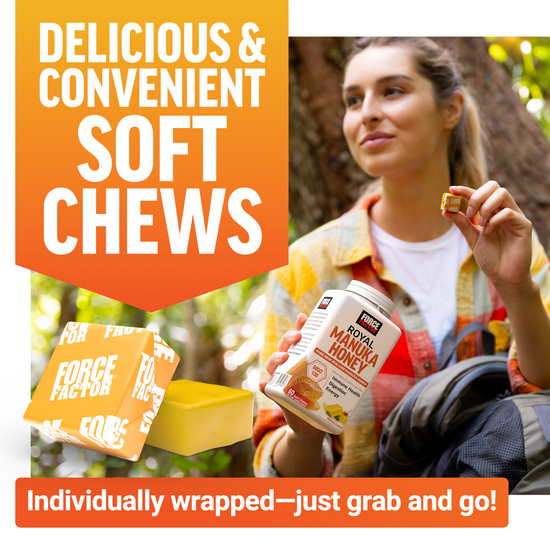 Royal Manuka Honey soft chews shown unwrapped and eaten outdoors, highlighting individually wrapped convenience.