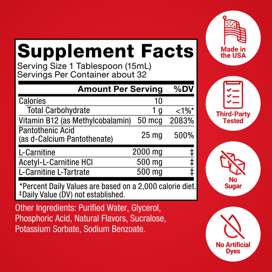 Supplement facts panel for Force Factor L-Carnitine Ultimate with 2000mg L-Carnitine, made in USA, no sugar, no artificial dyes