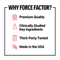 Force Factor brand values infographic highlighting premium quality, clinically studied ingredients, third-party testing, and USA manufacturing
