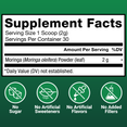 Supplement facts panel for Force Factor Modern Moringa powder with 2g moringa leaf powder per serving, no sugar, no artificial sweeteners or flavors