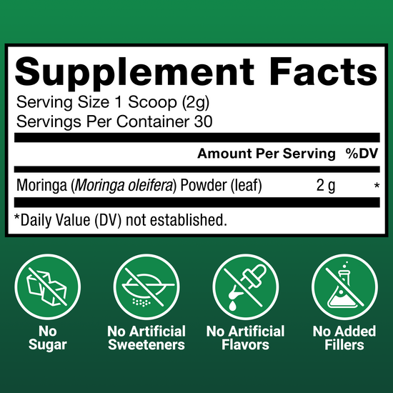 Supplement facts panel for Force Factor Modern Moringa powder with 2g moringa leaf powder per serving, no sugar, no artificial sweeteners or flavors