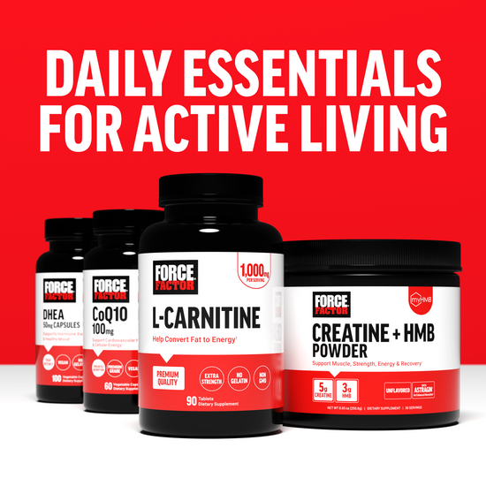 Woman running outdoors holding Force Factor bottle with bold text “energize BETTER recover FASTER” over red background.