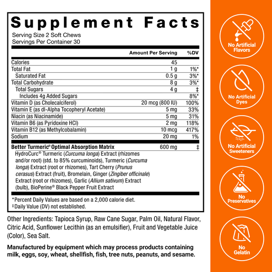Supplement Facts Panel and Nutrition Information of Force Factor Better Turmeric Supplement