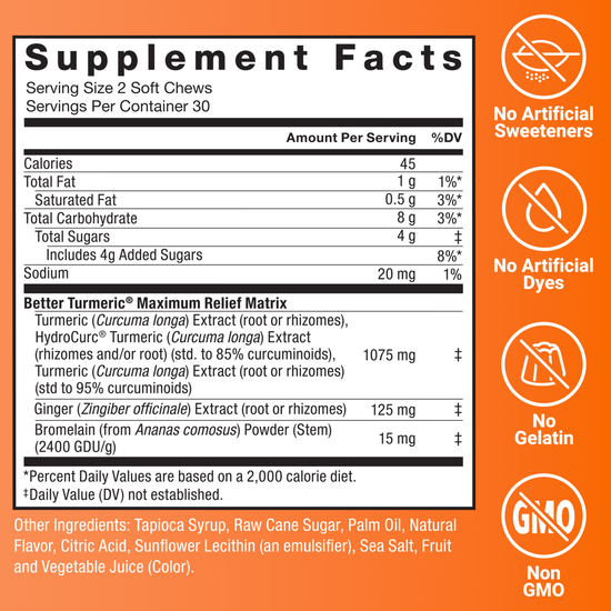 Supplement facts panel for Force Factor Better Turmeric soft chews with HydroCurc curcumin blend, no artificial sweeteners, no gelatin, non-GMO