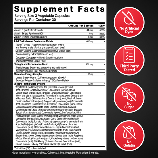 Supplement facts panel for Test X180 Unleashed with icons for no dyes, third-party tested, no sugar, no gelatin.